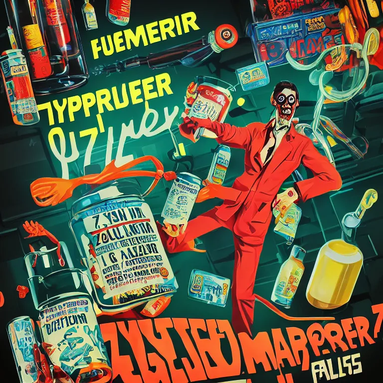 Image similar to hyperdetailed cyber fun 70's poster painting in a color style of 70's black poster art of an a crazy pharmacist zombie holding a giant jar of pills, epic scale ultrawide angle, 3D rendered, Vray rendered, octane render, unreal engine
