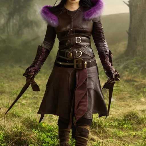 Prompt: anya charlota as a medieval fantasy tolkien elf, dark purplish hair tucked behind ears, wearing leather with a fur lined collar, wide, muscular build, scar across the nose, one black, scaled arm, cinematic, character art, real life, 8 k, detailed.