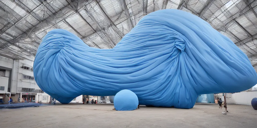 Prompt: huge matte blue figure like adult bouncy castle in big fruits form like a big puffer with seams, on a lunar landscape, style by anish kapoor, parts by shih chieh huang, warm soft light, shallow depth of field realistic, 8 k, hyperrealism, subsurface scattering, raytracing