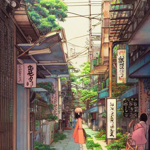 Prompt: beautiful anime painting of tokyo alleyway, relaxing summer day, by Hayao Miyazaki. trending on Artstation, 8k, masterpiece, sharp, fine detail, full of color, visuall stunning