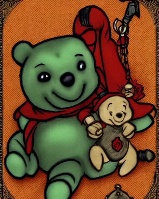 Image similar to Gothic Winnie the Pooh killer with pistol and jade jewelry painted on tarot card, digital art, high detailed, trending on artstation