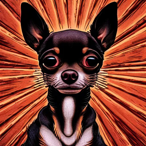 Prompt: a dark brown chihuahua, hyper detailed, in the style of junji ito, selfie shot straight on angle