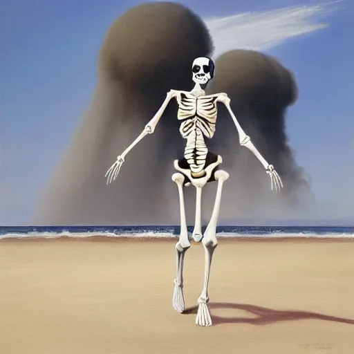 Prompt: Professional painting of anatomically correct skeleton in bikini walks along the beach, big nuclear bomb explosion in the background, trending on Artstation, realistic, ultra detail