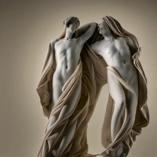 Prompt: two figures intertwined with flowing cloths covering them, marble sculpture, Geovanni Strazza, Bernini, Greek, studio lighting, bright, 4K, photography, contrast, hdri, beautiful lighting, volumetric lighting