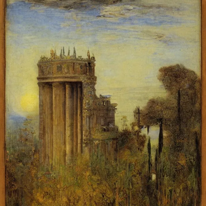 Prompt: a building in a landscape, by gustave moreau