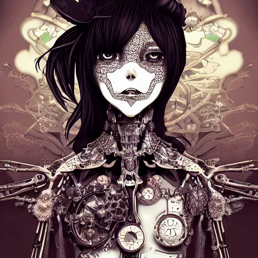 Prompt: surreal manga anime photo portrait of complex bio-mechanical beautiful young female skeletal cyborg with a Mandelbrot fractal steampunk metal fine lace face, retrofuturistic depressing, floral foliage super big lace collar, rococo, steampunk, 8k