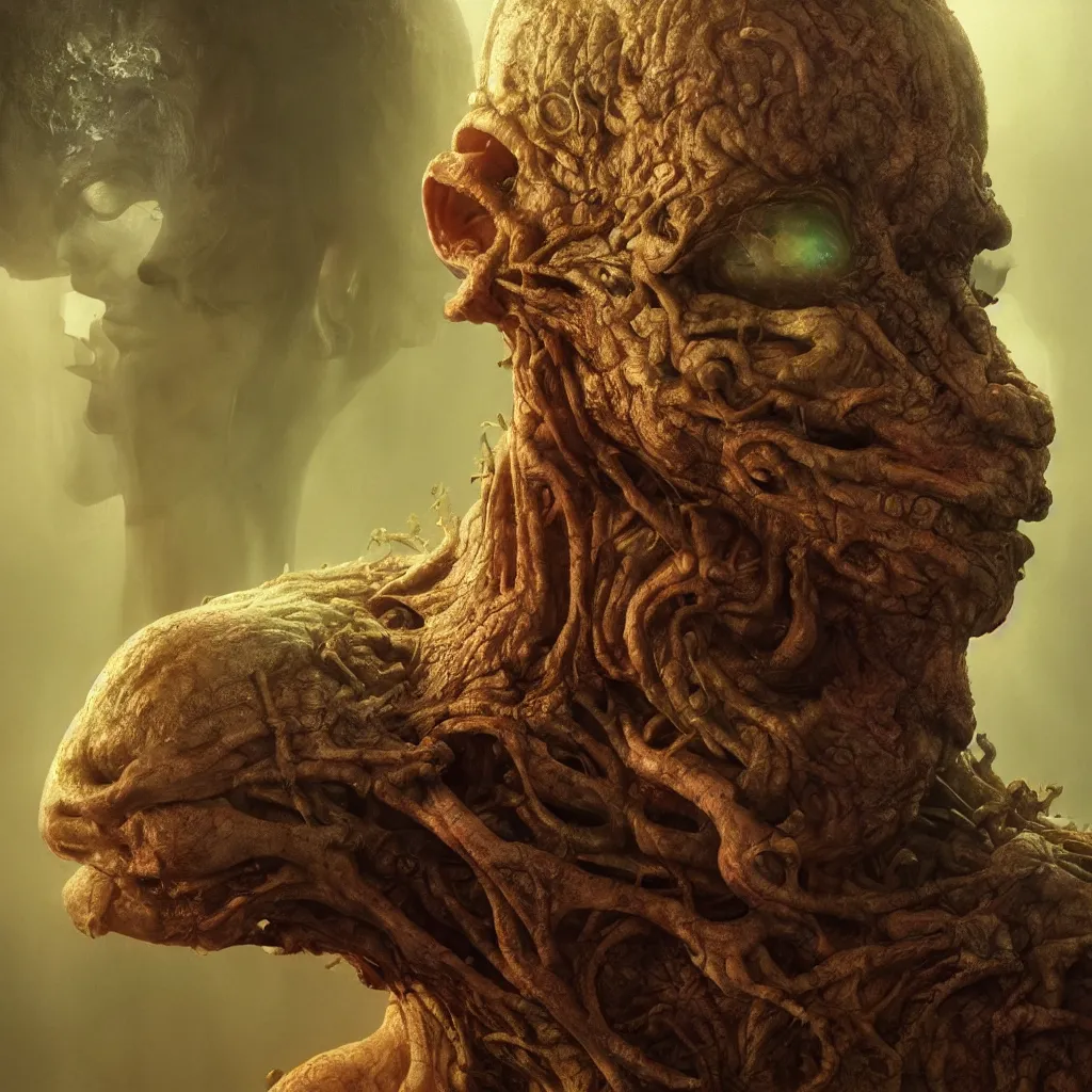 Prompt: extremely detailed cinematic movie still portrait of happy mashroom god hyperreal skin face by denis villeneuve, wayne barlowe, simon birch, marc simonetti, philippe druillet, beeple bright volumetric sunlight, rich moody colors, closeup, bokeh