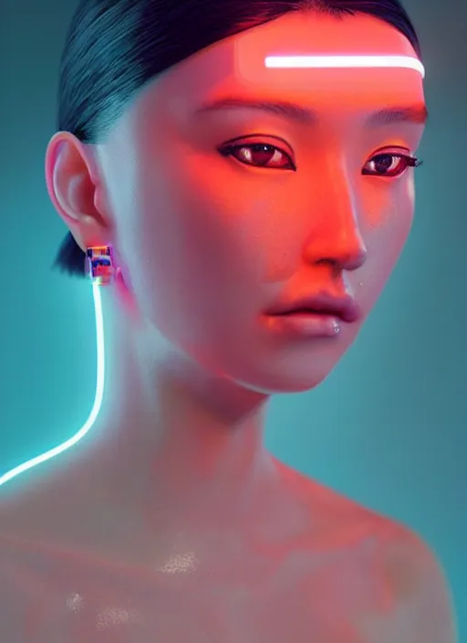 Image similar to a beautiful oriental female humanoid with freckled cheeks, cyber neon lighting, futurism, intricate futuristic jewelry accessories, cyberpunk glossy white latex swimsuit, profile posing, hyper photorealistic, crispy quality, digital photography, trending in artstation, trending in pinterest, cinematic, 4 k ultra hd, art by pascal blanche, art by greg rutkowski,