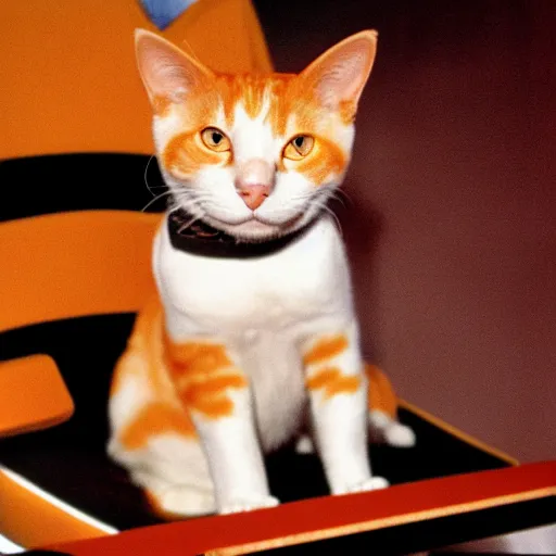 Prompt: An orange and white cat sitting in the captain's chair of the USS Enterprise. Vintage TV show, centered.