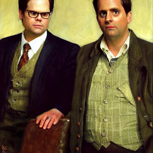 Image similar to dwight schrute and michael scott portrait by ilya repin