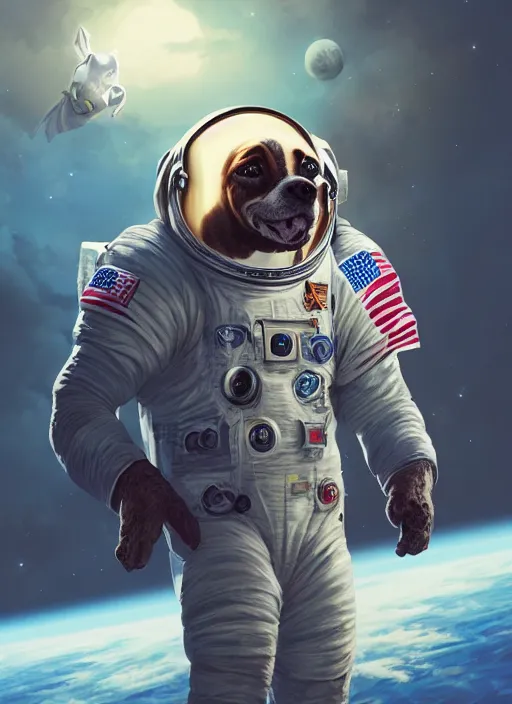 Prompt: An epic fantasy comic book style portrait painting of a dog astronaut in space, unreal 5, DAZ, hyperrealistic, octane render, cosplay, RPG portrait, dynamic lighting