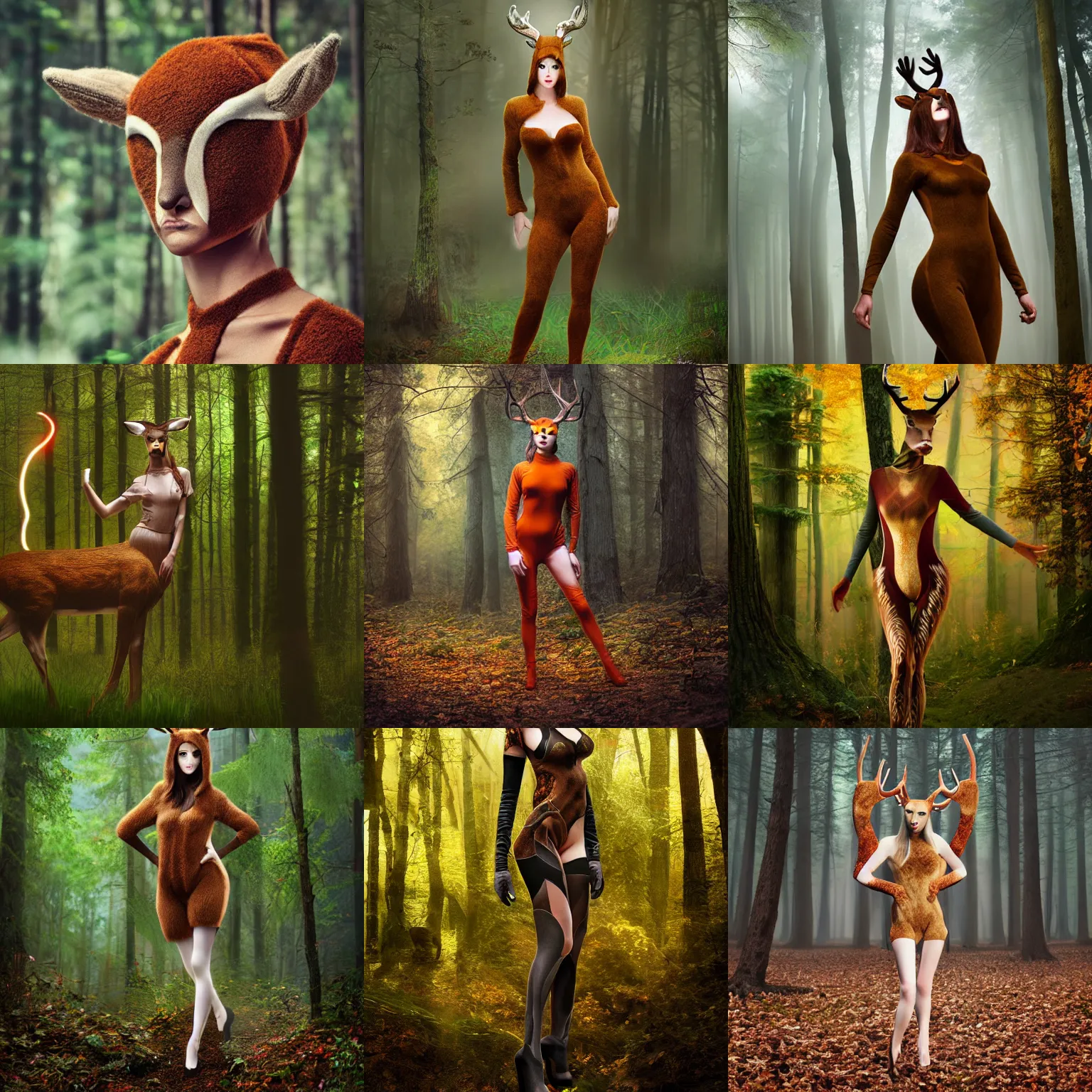 Prompt: photo woman in skintight deer costume, in forest, digital art, concept art, viktoria gavrilenko, wlop, xiaoguang sun