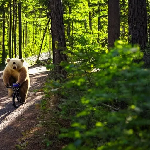 Prompt: A bear on a tricycle, riding on a nature trail in the forest, sunlight through the trees.