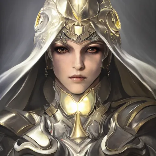 Image similar to fantasy paladin woman, symmetrical portrait, holy glow, by Yoshitaka Amano, Ruan Jia, Kentaro Miura, Artgerm, 8k