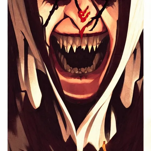Image similar to scary vampire nun, evil grin, closeup, cinematic, powerful, super detailed and intricate, by koson ohara, by darwyn cooke, by greg rutkowski, by satoshi kon