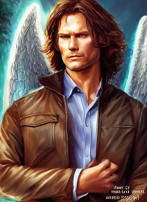 Prompt: handsome! Sam Winchester as a very masculine angel starring a urban fantasy romance book cover, D&D!, fantasy style, sharp focus!, ultra detailed, art by Artgerm and Peter Andrew Jones, WLUP