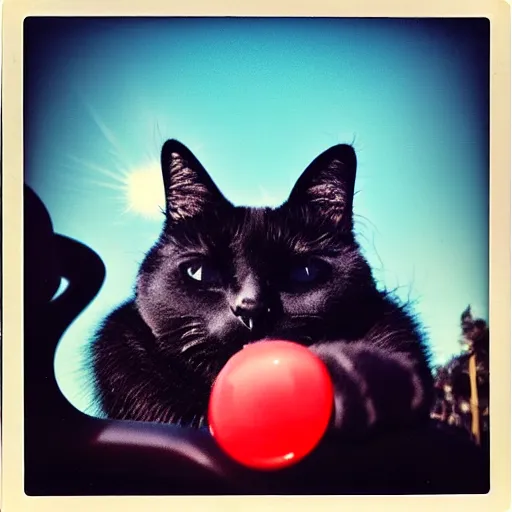 Image similar to happy black cat on a rollercoaster looping. focus on the cat. sunlight. polaroid photo. vivid colors.