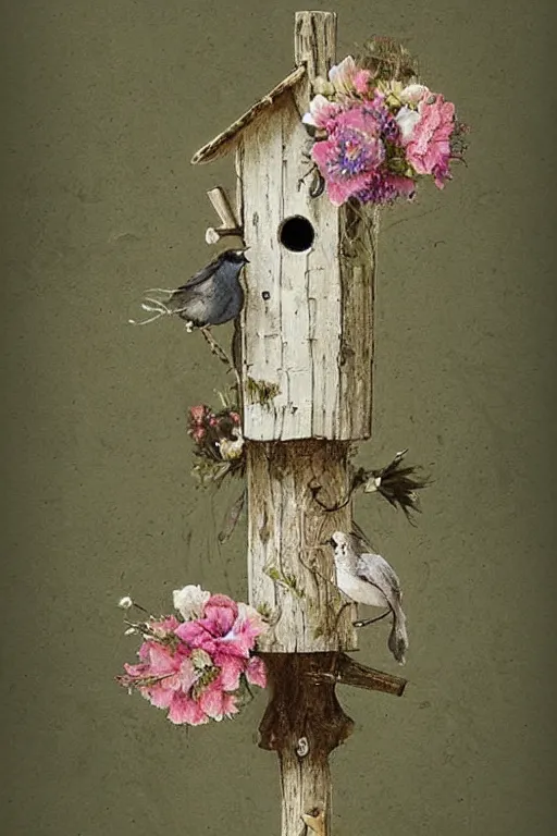 Prompt: whimsical birdhouse and flowers on a wooden pole by jean - baptiste monge