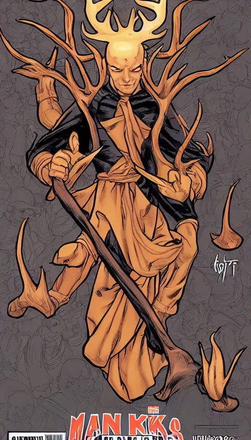 Prompt: a monk with antlers, marvel comics style,