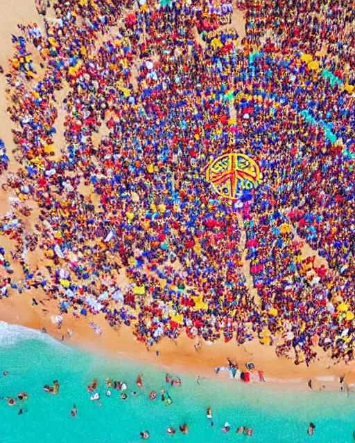 Image similar to thousands of hippie sunbathers on a beach, together form a peace symbol, photorealistic