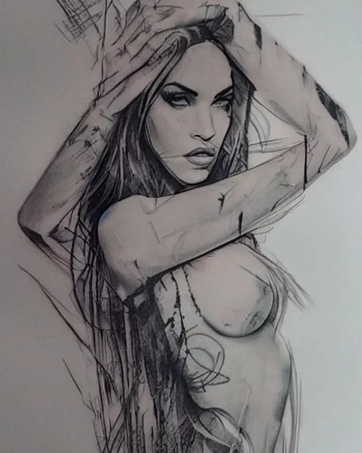 Image similar to double exposure effect tattoo design sketch of megan fox with amazing mountain scenery, realism tattoo, in the style of den yakovlev, amazing detail, sharp