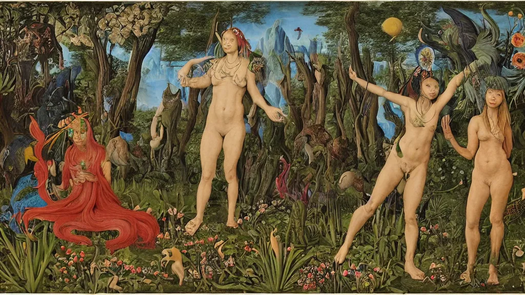 Image similar to a photograph of a meditating centaur shaman and a harpy mermaid mutating into creatures. surrounded by bulbous flowers and a few trees and wild animals. river delta with mountains under a blue sky full of burning stars and birds. painted by jan van eyck, max ernst, ernst haeckel, ernst fuchs and artgerm. trending on artstation