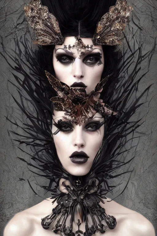 Prompt: beautiful dark goth model wearing epic haute couture by Alexander McQueen, extremely beautiful and proportionate face, in the aesthetic of mert and marcus, masterpiece, intricate, elegant wardrobe, highly detailed, digital painting, artstation, concept art, smooth, sharp focus, illustration, art by artgerm and james jean and greg rutkowski and alphonse mucha