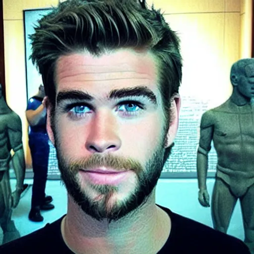 Image similar to “ a realistic detailed photo of a guy who is an attractive humanoid who is half robot and half humanoid, who is a male android, actor liam hemsworth, shiny skin, posing like a statue, blank stare, at the museum, on display ”