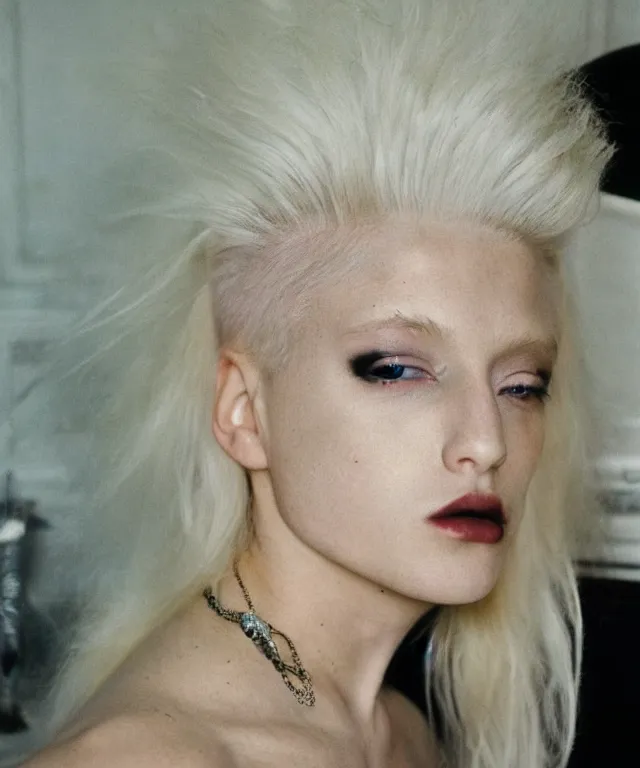 Image similar to a color photograph of a non binary model, platinum blonde, by nan goldin, intense, bold, hyperrealistic, ultra sharp, extra details, ultra high quality, trending on pinteresst