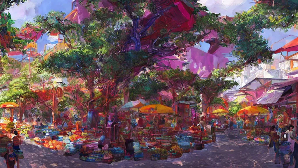 Image similar to colorful marketplace in Reunion Island, anime, digital painting by Greg Rutkowski, by James Gurney,trending on artstation,highly detailed