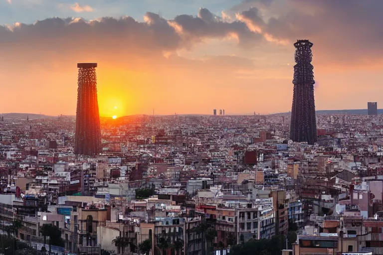 Image similar to views of catastrophic barcelona's agbar tower covered with high water, global warming, floating cars, sunset lighting, photo real