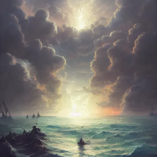 Prompt: a huge pirate ship with lights on and white sails at night, stormy ocean, tumultuous clouds, epic scene, peter mohrbacher