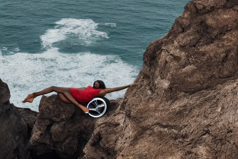 Image similar to photo of a gorgeous black model lounging on a Tesla on a cliff on the ocean By Emmanuel Lubezki