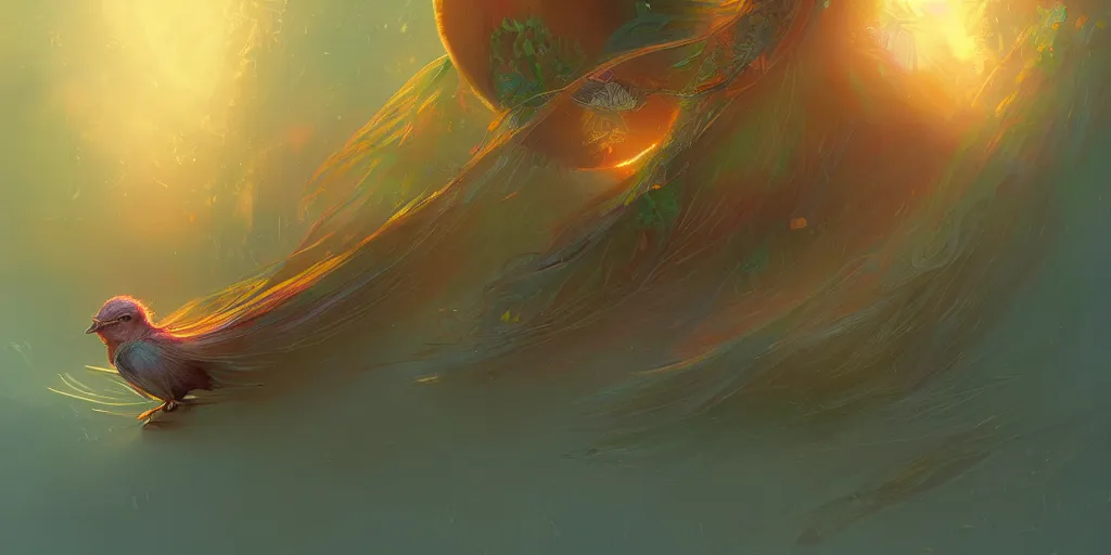 Prompt: baby bird, sunrise, pot of gold, rainbow, sci-fi, fantasy, intricate, very very beautiful, elegant, highly detailed, digital painting, artstation, concept art, smooth, sharp focus, illustration