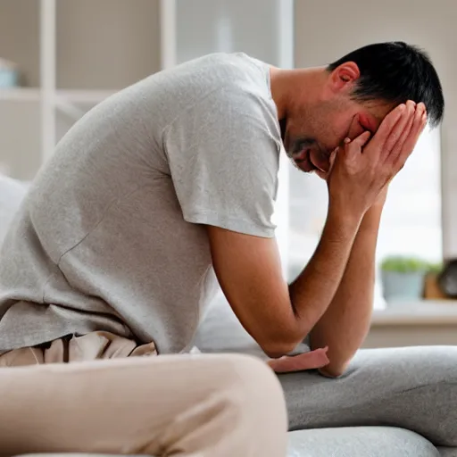 Prompt: a crying man, using his index finger as a shoehorn, in a living room