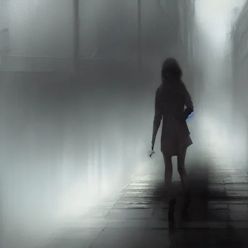 Prompt: a person walking down a street in the fog, concept art by Bastien Lecouffe-Deharme, trending on cgsociety, panfuturism, 2d game art, dystopian art, matte drawing