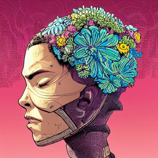 Prompt: detailed comic illustration of a beautiful flower growing out of the head of a young mixed race explorer's head, cyberpunk headpiece, intricate details, vibrant, negative space, by Laurie Greasley and Geof Darrow, highly detailed, 8k wallpaper