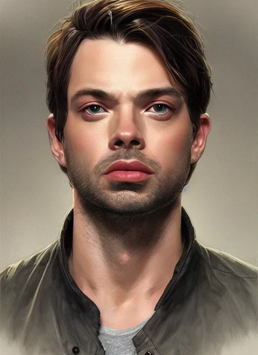 Image similar to beautiful head and shoulders portrait of bucky barnes, casual clothing, intricate, elegant, highly detailed, digital painting, beautiful highly detailed face, artstation, concept art, smooth, sharp, focus, illustration, art by artgerm and greg rutkowski and alphonse mucha