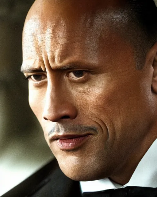 Image similar to film still close up shot of dwayne johnson as vito corleone from the movie the godfather. photographic, photography