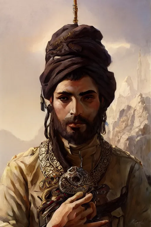 Prompt: A full portrait of an ancient arabian scout, intricate, elegant, highly detailed, digital painting, artstation, concept art, smooth, sharp focus, illustration, art by Krenz Cushart and Artem Demura and alphonse mucha