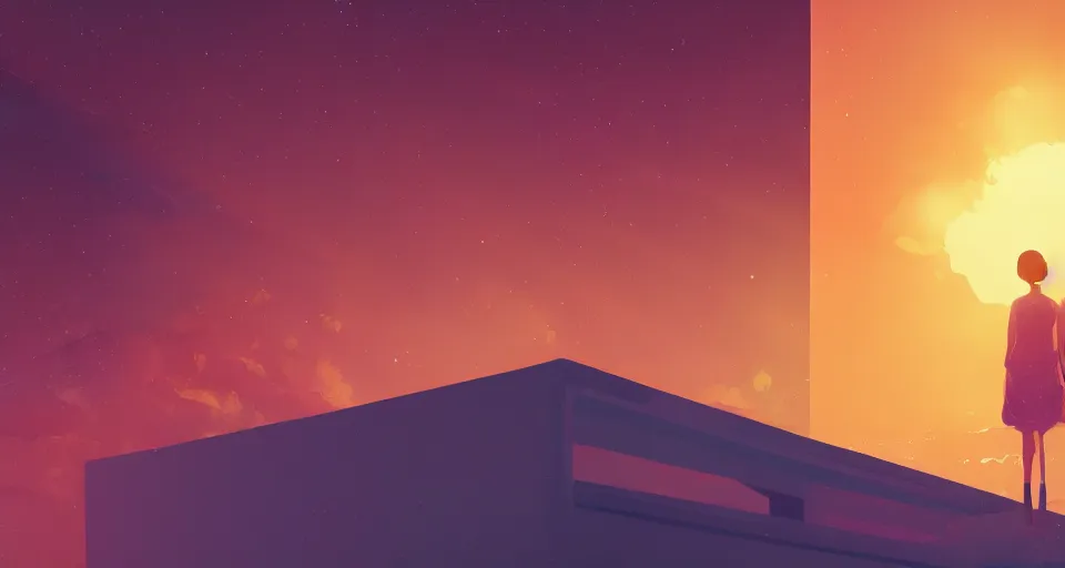 Image similar to Girl on the roof watching the Saturn sunset in the twilight, volumetric lighting, glowing lights, 4k, octane, digital painting, pixiv, by Aenami