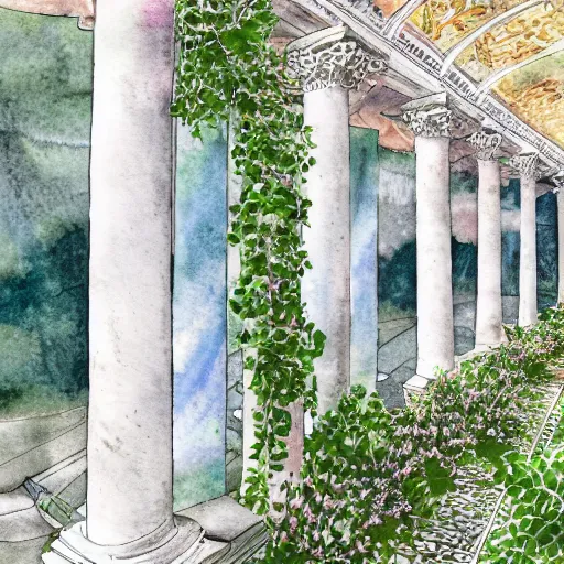 Image similar to delicate marble garden on paper floating puffy vines botanical herbarium botanic watercolors coastline iridescent 8 k wide angle realistic shaded fine details, artstation italian rainbow colonnade oak pinecone gardena architecture pompeii boundary wall