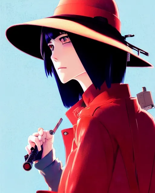 Image similar to girl wearing wide brimmed hat and trechcoat | | fine detail!! anime!! realistic shaded lighting!! poster by ilya kuvshinov katsuhiro otomo ghost - in - the - shell, magali villeneuve, artgerm, jeremy lipkin and michael garmash and rob rey