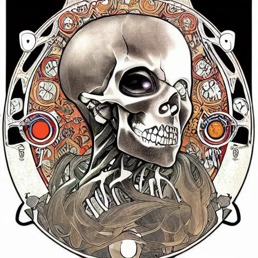 Image similar to anime manga skull portrait boys male cyborg face skeleton illustration style by Alphonse Mucha and Takashi Murakami pop art nouveau