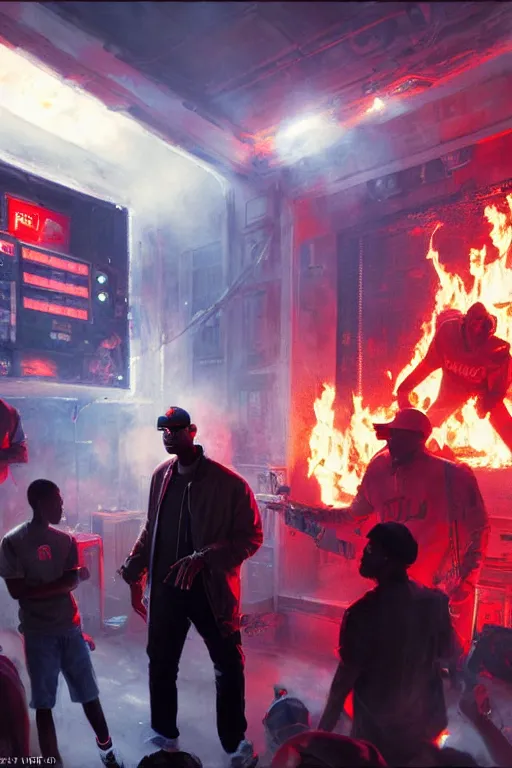 Prompt: character art by ruan jia, will smith wearing wayfarer glasses and red baseball hat at a music concert approaching chris rock, on fire, fire powers, room filled with wiring, electronics, computer equipment, monitors