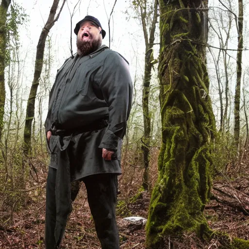 Image similar to big butcher man posing scarily, earie setting, in a forest, horror, hyperdetailed