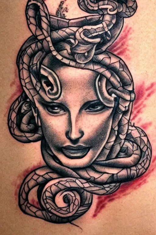 Prompt: Tattoo inspired artwork featuring snake headed Medusa from Greek Mythology