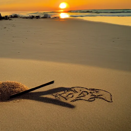 Image similar to photo of a penguin writing mathematics with a stick in the sand, sunset natural geographic, award winning