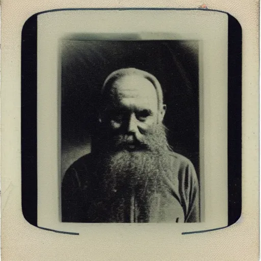 Image similar to a realistic polaroid photo of an old man with a beard after a failed experiment inside a laboratory, the head of the old man is deformed and dark, the old man looks like a evil god, cosmic horror