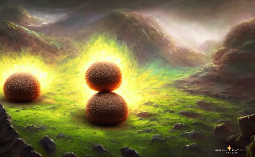 Prompt: magic : the gathering fantasy concept art of excited riceballs with excited expressions bouncing down a mountain path, by marco bucci, high resolution, the riceballs are bouncing up and down, rice granules scattered all around, balls of rice, bouncing, fantasy coloring, intricate, digital painting, artstation, smooth, sharp focus